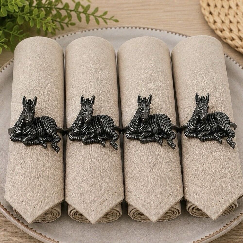 Set of 4 Zebra Silver Pewter Tone Napkin Holders Metal Napkin Rings NEW